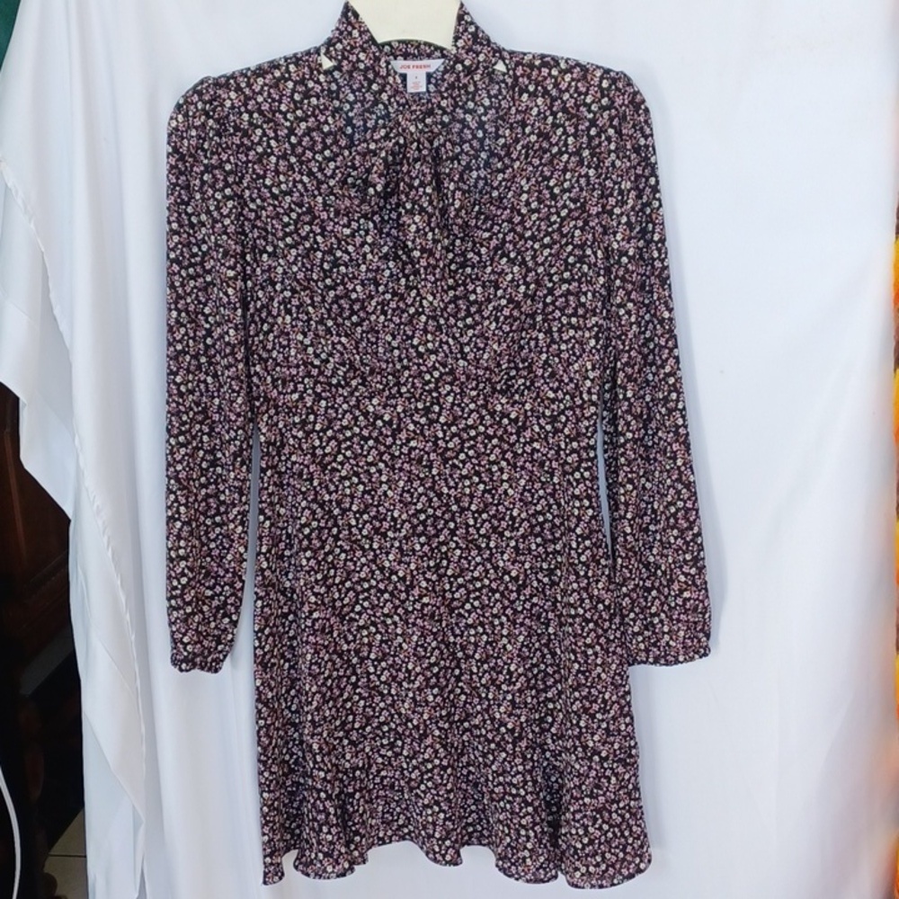 Joe Fresh Floral Cinched Waist, Tie Neck Black Dress size 2, 17" PTP, 14"W, 34"L
